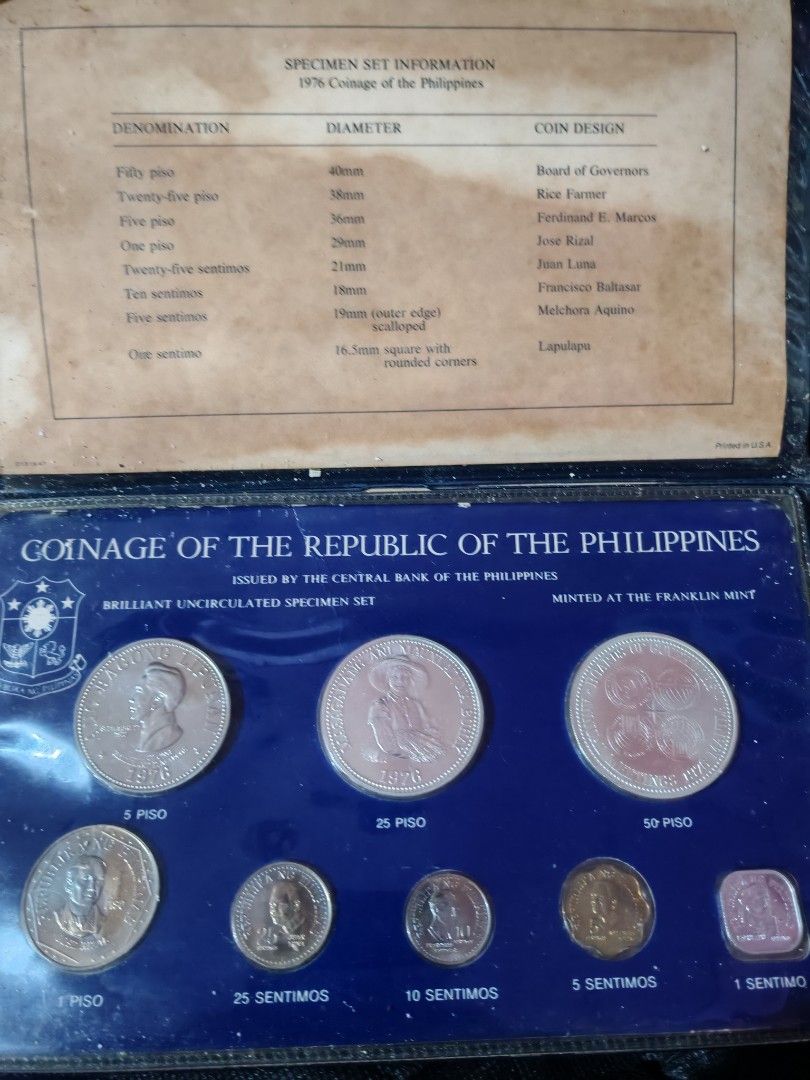 1976 Specimen Set (Category: Vintage Collectibles) located in Manila. Submitted by dlscctrading2 (Listing ID 1399623434, Image 1). Description: Complete set in original packaging with outside box More rare than the Franklin Mint edition.