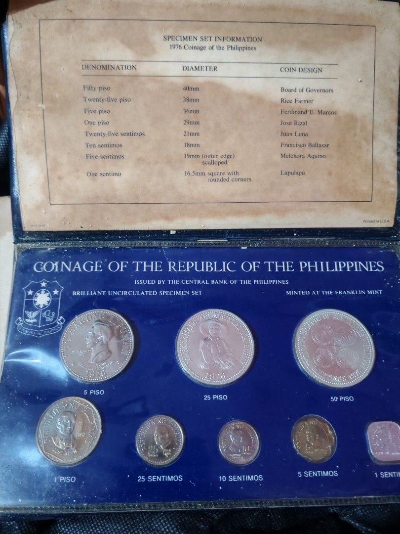 1976 Specimen Set (Category: Vintage Collectibles) located in Manila. Submitted by dlscctrading2 (Listing ID 1399623434, Image 3). Description: Complete set in original packaging with outside box More rare than the Franklin Mint edition.