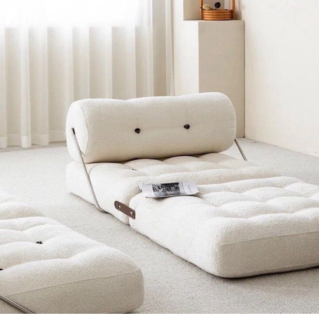 1 seater sofa bed boucle aesthetic (Category: Sofas) located in Manila. Submitted by chicandbaddie (Listing ID 1399534013, Image 2). Description: Bought for 10,000 Need nyo lang po bumili ng snap fastener pero ok lamg naman if hindi lagyan (check last photo).