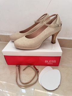 幸福傳承 新娘婚鞋39碼 約3寸高 香檳金粗晚裝踭高踭鞋 送前掌鞋墊+鞋扣帶2對64240420421250110