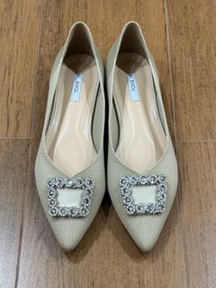 日本品牌 EVOL 米色 杏色 銀色水晶閃石 尖頭 平底鞋 高踭鞋 高跟鞋（24cm/ L/ 38）Japan Beige Silver Crystals Low Heels Shoes jelly beans beams64239924561411110