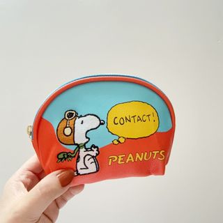 日本 PEANUTS SNOOPY 史路比 橙藍色皮革 貝殼型 化妝袋64236505127811110