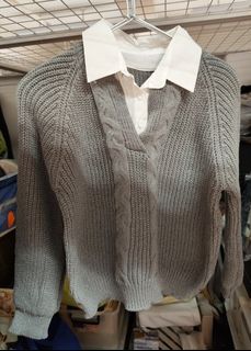 Two-layer design gray-white knit top two layer sweater64235806297473110
