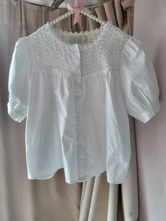 韓國正品白色厘士花短袖女士襯衫上衣 #womansclothing64236131715713110