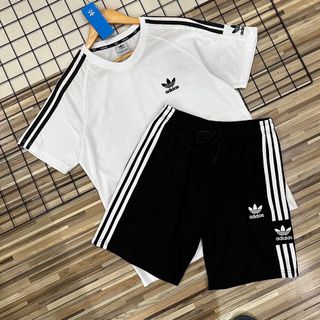 Adidas 三葉草三條槓兩件套夏季情侶款男女同款套裝短袖短褲不單賣兩件套青年男士短袖短褲女士短袖T恤短褲休閒運動套裝64245147723521110