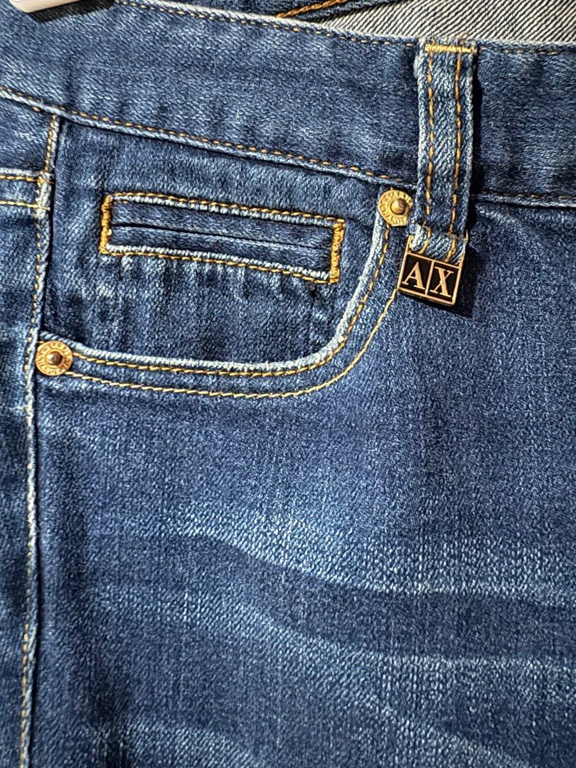 Armani Exchange (A/X) Skinny Jeans (Category: Jeans) located in Cainta. Submitted by clothesminded_ph (Listing ID 1399593196, Image 3). Description: - Size 6 but fits size 4 better (XS-S) - Can’t confirm its authenticity but saw a similar pair online in a diff color (please see last pic) - Bought 2nd hand, never worn upon purchase but washed Item description: - Dark denim, hand sand finishing - Crystal button - Gold hardware - Gold brand plate on