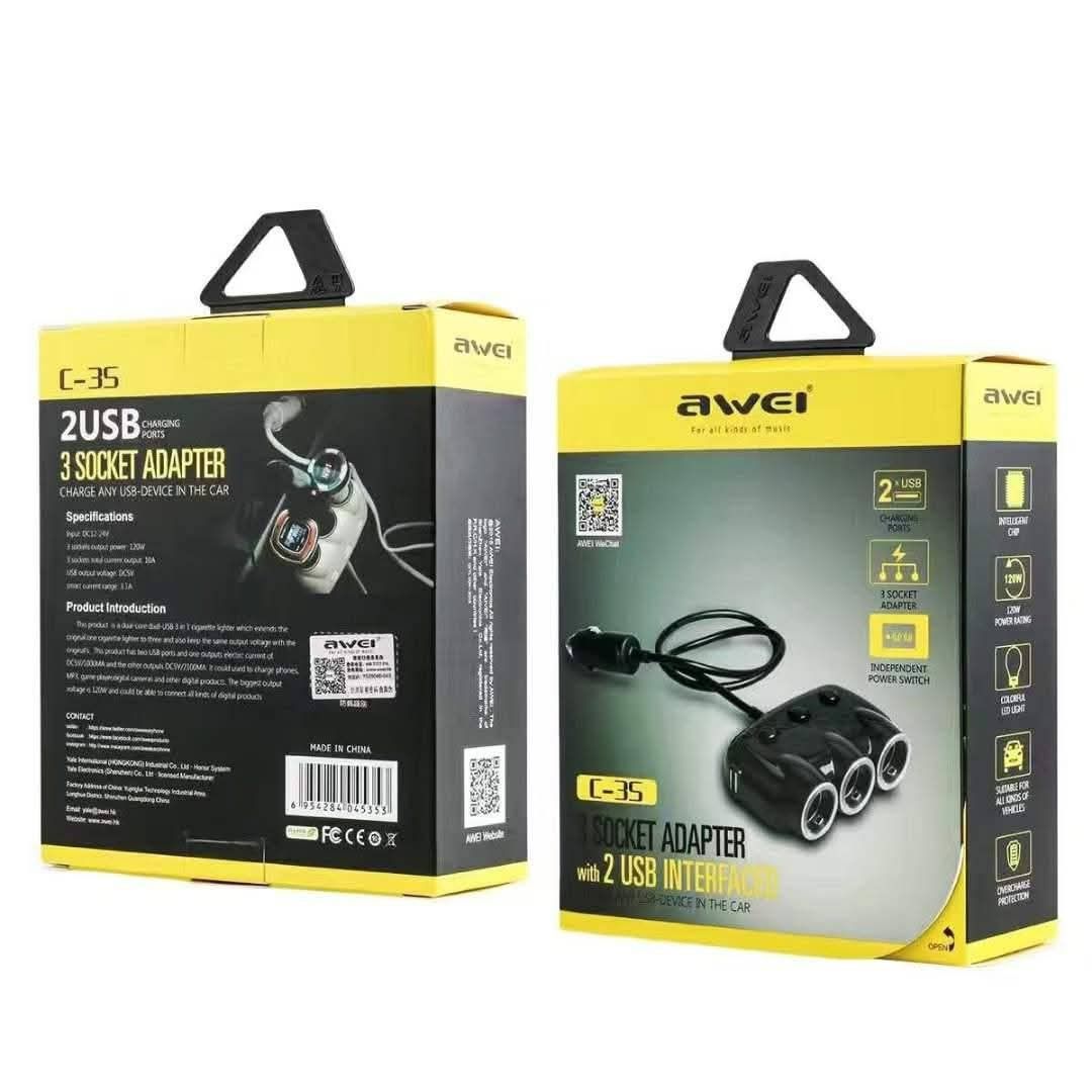 Awei C-35 Multi-Function Universal Car Charger 3 Socket Adapter with 2 USB Port (BLACK) (Category: Chargers & Cables) located in Manila. Submitted by iliasjen (Listing ID 1399625953, Image 2). Description: Awei C-35 Multi-Function Universal Car Charger 3 Socket Adapter with 2 USB Port (BLACK).