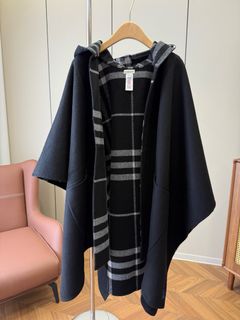 Burberry 博柏利雙面格紋連帽斗篷披風女款黑色64238204339329110
