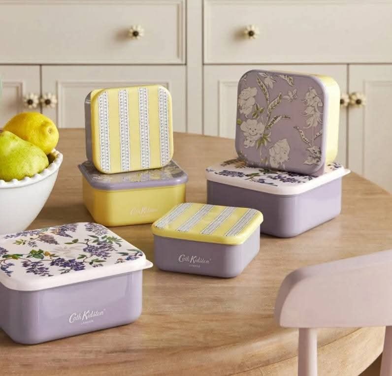 Cath Kidston 3PK Stacking Snack Boxes (Category: Food Organization & Storage) located in Cabanatuan. Submitted by almaespino24263 (Listing ID 1399612010, Image 3). Description: - Set of 3 Cath Kidston snack boxes - Colors: Lavender, yellow, and white - Designs: Floral and striped patterns - Perfect for snacks and small items - Stackable for convenient storage.