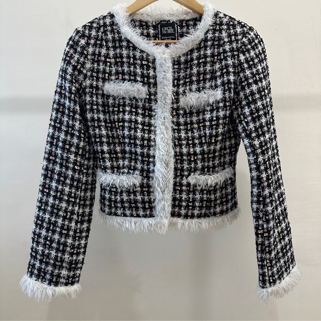 CECIL McBEE Tweed Jacket Office Jennie Chanel Inspired (Category: Coats, Jackets and Outerwear) located in Manila. Submitted by lotusfawn (Listing ID 1369738359, Image 1). Description: OO ☻ SHOP REMINDERS .ᐟ ⚘ read description thoroughly ⚘ no when worn ⚘ first to pay basis ⚘ offer = order form ⚘ delivery shouldered by the buyer O1 ☻ PRODUCT INFO .ᐟ ⚘ srp: 3,100 yen ⋆ bought from japan ⚘ color black, white, pink / yellow / green in tweed pattern ⋆
