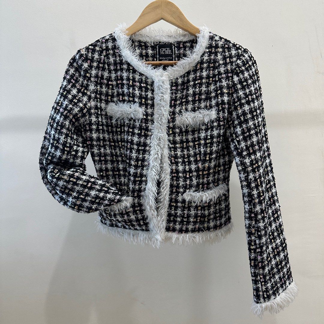CECIL McBEE Tweed Jacket Office Jennie Chanel Inspired (Category: Coats, Jackets and Outerwear) located in Manila. Submitted by lotusfawn (Listing ID 1369738359, Image 2). Description: OO ☻ SHOP REMINDERS .ᐟ ⚘ read description thoroughly ⚘ no when worn ⚘ first to pay basis ⚘ offer = order form ⚘ delivery shouldered by the buyer O1 ☻ PRODUCT INFO .ᐟ ⚘ srp: 3,100 yen ⋆ bought from japan ⚘ color black, white, pink / yellow / green in tweed pattern ⋆