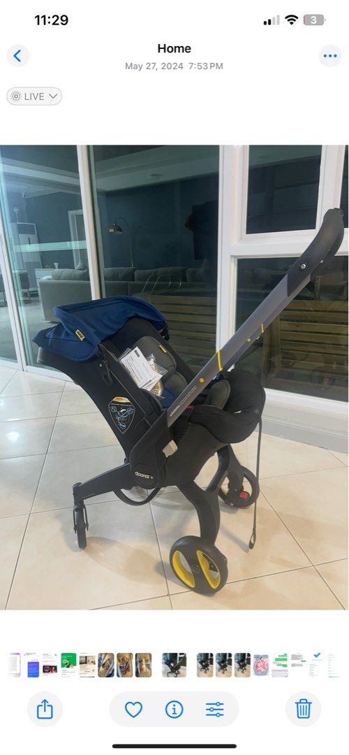 Doona Stroller (Category: Strollers) located in Muntinlupa City. Submitted by zaia_k (Listing ID 1399525322, Image 1). Description: - Doona stroller - Black frame with yellow accents - Navy blue canopy - Designed for portability and ease of use - Perfect for travel - Freebies: Doona Insect net, Doona Canopy & shoulder pads, Doona seat cover- nitro black (all original Doona with receipt), Snap on storage bag Purchase price: php. 35000 Selling: php
