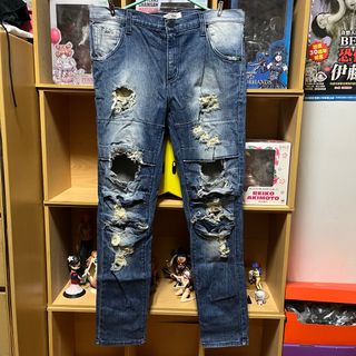 全新正品Supply Demand Katima哥德字體水洗破壞彈性合身牛仔褲M/32腰