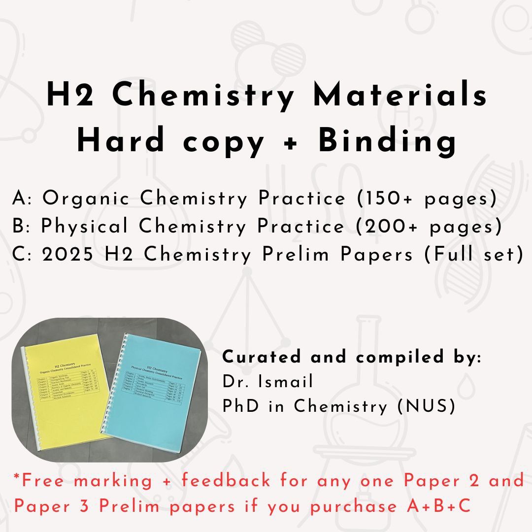 H2 Chemistry Challenging Practices (Organic and Physical Chemistry) with binding (Category: Assessment Books) located in Singapore. Submitted by chemistrymind (Listing ID 1399553573, Image 1). Description: Materials are curated and consolidated by a Chemistry educator with a PhD in Chemistry from NUS. Too many resources available but insufficient time? I’ve prepared materials which are essential for your exam preparations. *Limited time promotion