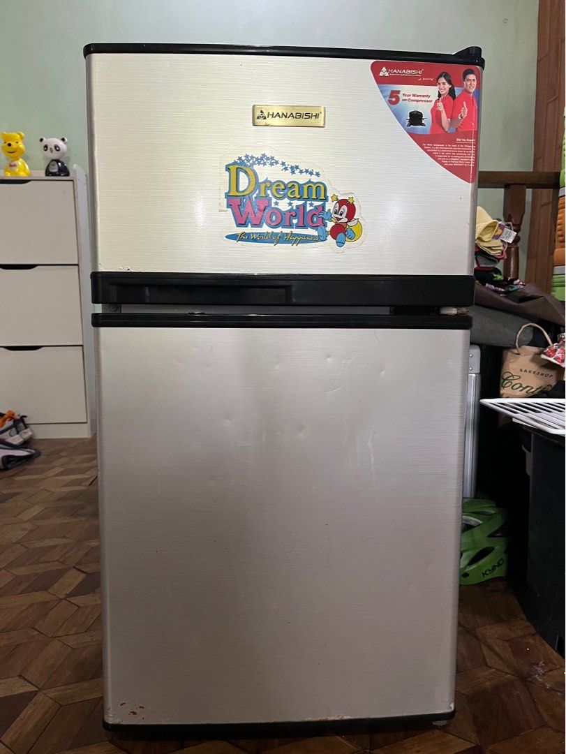 Hanabishi Two-Door Mini Refrigerator (Category: Refrigerators and Freezers) located in Las Pinas. Submitted by prelovedandetc (Listing ID 1399513427, Image 1). Description: Works perfectly. Minor flaws (as seen in picture) but no issues on keeping items cold. Price is negotiable original price is 9,999 RFS: upgrading.