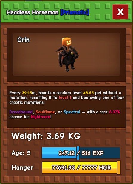 Headless Horseman Grow a Garden (Category: In-Game Products) located in Las Pinas. Submitted by charlsssb (Listing ID 1399555002, Image 1). Description: Headless Horseman Grow a Garden Good size 2.71kg base kg 27.09kg if max For only ₱300 Dm for inquiries .