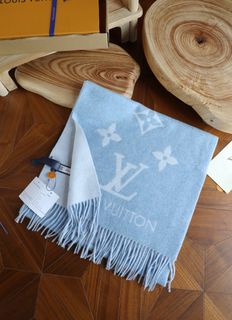 LOUIS VUITTON Reykjavik 羊毛流蘇雙面羊絨絨線圍巾男女同款情侶款藍色64238735906305110