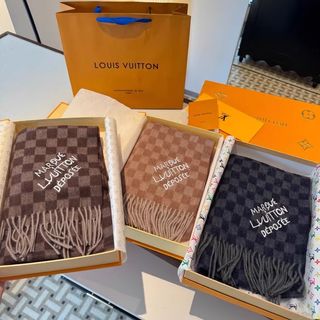 🌟Official Website Authorized Merchant🌟 LV Louis Vuitton Houndstooth Cashmere Scarf, Coffee with Khaki Plaid64235361917441110