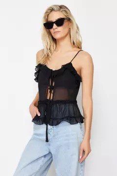 Monki Frilled Sleeveless Blouse - Black/L (Category: Blouses) located in Quezon City. Submitted by mer.declutters (Listing ID 1399502406, Image 1). Description: - Black Monki sleeveless blouse - V-neckline with tie detail - Adjustable spaghetti straps - Ruffled hem - Sheer fabric - Size: International L - Bought from Zalora - Super great as it is or for layering!!.