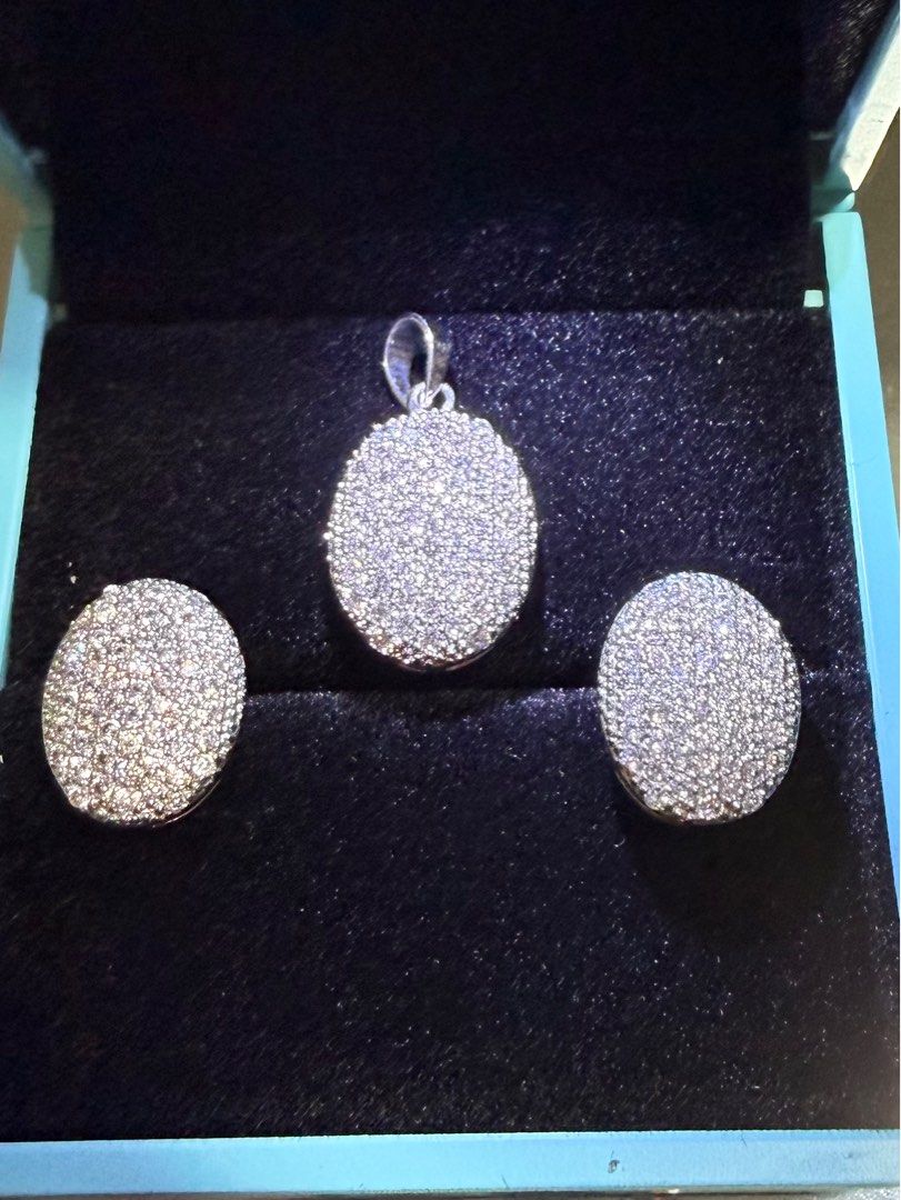 Oval Pave Crystal Pendant and Earrings Set (Category: Necklaces) located in Las Pinas. Submitted by bienmdd (Listing ID 1399616514, Image 3). Description: - Jewelry set includes a pendant and earrings. - Features an oval pendant and matching earrings. - Adorned with sparkling crystals -Perfect for special occasions .