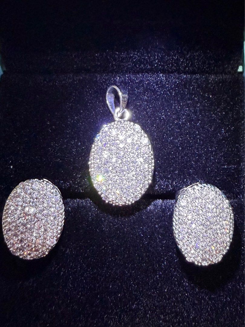 Oval Pave Crystal Pendant and Earrings Set (Category: Necklaces) located in Las Pinas. Submitted by bienmdd (Listing ID 1399616514, Image 2). Description: - Jewelry set includes a pendant and earrings. - Features an oval pendant and matching earrings. - Adorned with sparkling crystals -Perfect for special occasions .