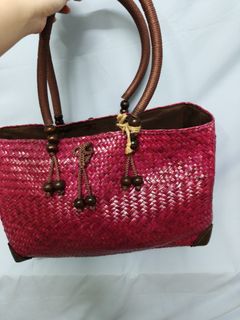 粉紅色編織手袋配木製手柄很大的袋64242491131650110