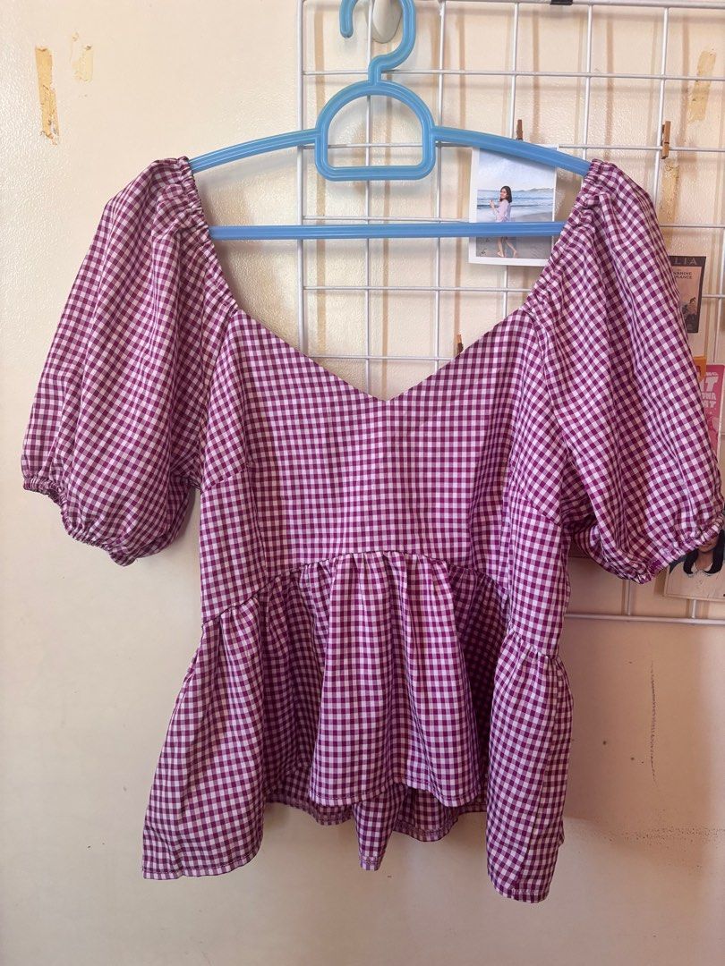 Puff Sleeve Gingham Peplum Top (Category: Blouses) located in Manila. Submitted by mscyaa.declutter (Listing ID 1399483287, Image 1). Description: purple gingham size small location: nueva vizcaya.