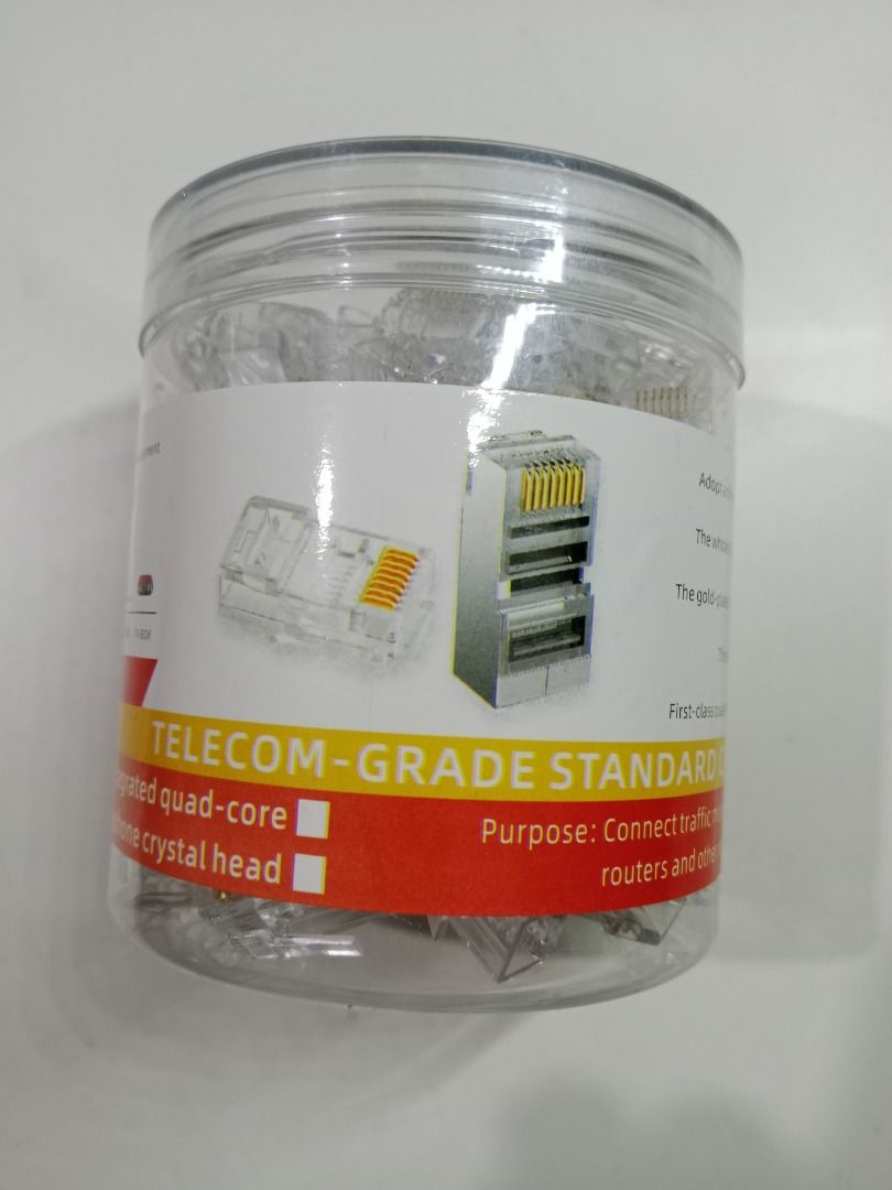 RJ45 modular plug network connector for UTP Cat6, Cat5, Cat5e (Category: Networking) located in Pasay City. Submitted by compublitz (Listing ID 1357528224, Image 1). Description: RJ45 modular plug network connector for UTP Cat6, Cat5, Cat5e Rj45 Connector for cat6, cat5, cat5e 100 pcs per pack High Quality Works with most crimping tools Price: 300 Pesos per pack (100pcs) Location: Malibay, Pasay Payment pede cod via lalamove or gcash, or pickup c