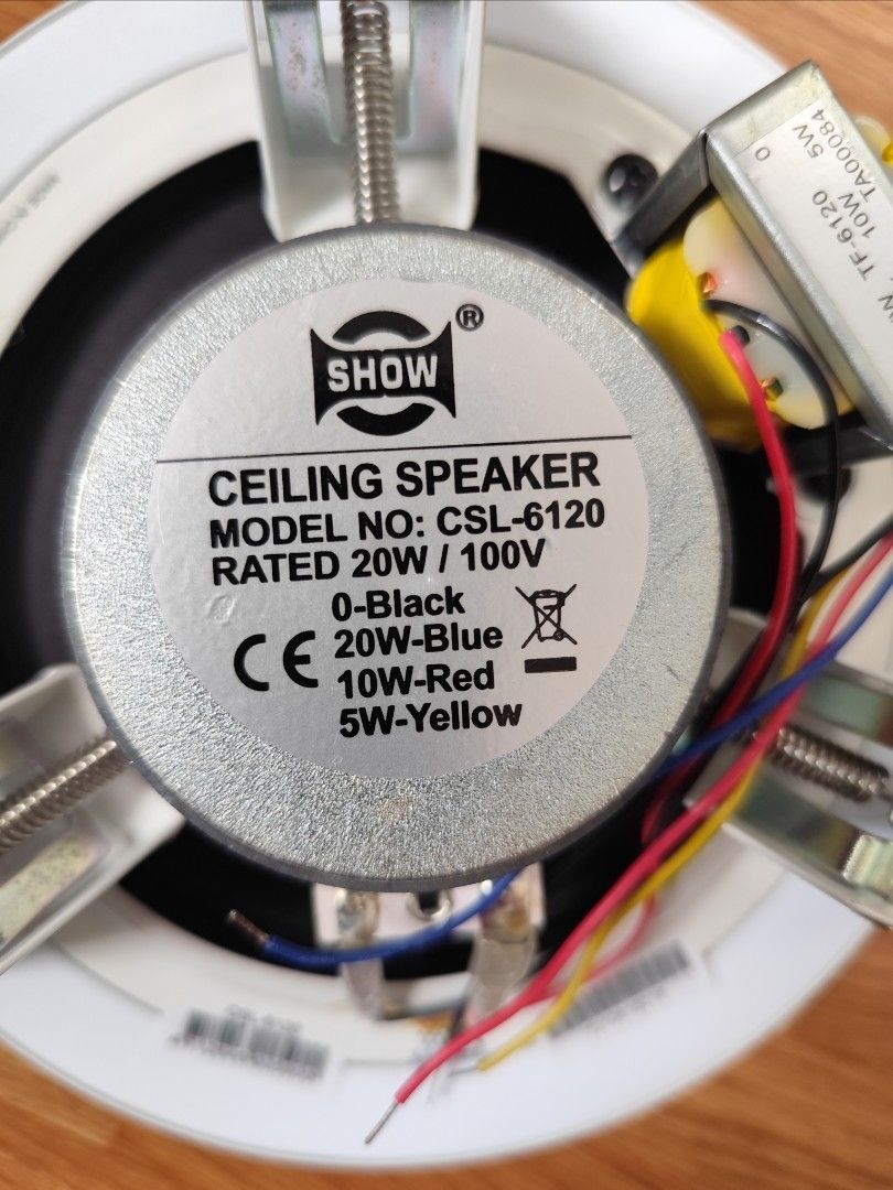 2 SHOW Ceiling Speaker CSL-6120 (Category: Soundbars, Speakers & Amplifiers) located in Cavite. Submitted by ms.gel_0522 (Listing ID 1399616297, Image 1). Description: - Pair of SHOW CSL-6120 ceiling speakers - 20W/100V - White frame - Mesh grill - Includes wiring - Circular design - Model number and specs visible.