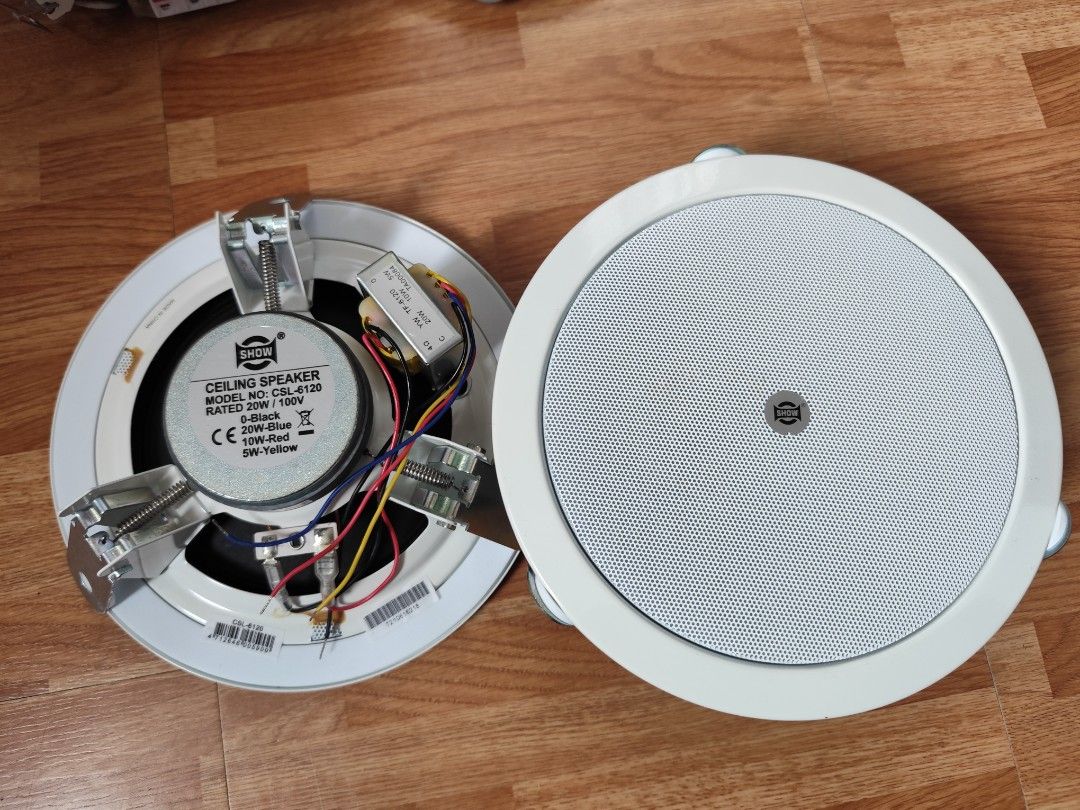 2 SHOW Ceiling Speaker CSL-6120 (Category: Soundbars, Speakers & Amplifiers) located in Cavite. Submitted by ms.gel_0522 (Listing ID 1399616297, Image 2). Description: - Pair of SHOW CSL-6120 ceiling speakers - 20W/100V - White frame - Mesh grill - Includes wiring - Circular design - Model number and specs visible.
