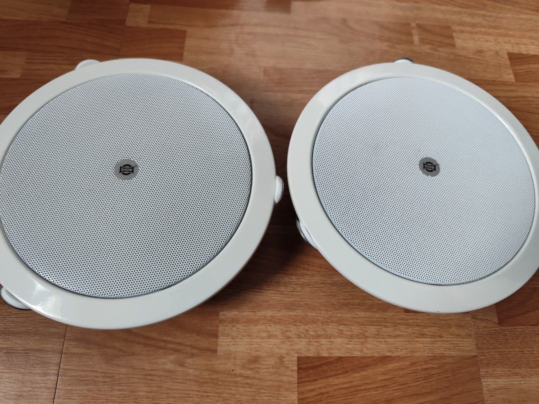 2 SHOW Ceiling Speaker CSL-6120 (Category: Soundbars, Speakers & Amplifiers) located in Cavite. Submitted by ms.gel_0522 (Listing ID 1399616297, Image 3). Description: - Pair of SHOW CSL-6120 ceiling speakers - 20W/100V - White frame - Mesh grill - Includes wiring - Circular design - Model number and specs visible.