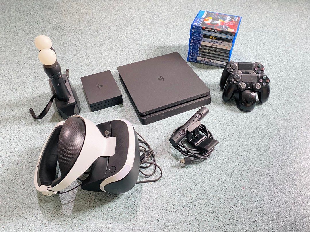 Sony PlayStation 4 VR Bundle with Games (Category: PlayStation) located in Sorsogon. Submitted by m.espedido (Listing ID 1399460669, Image 1). Description: - PlayStation 4 VR bundle - Includes: PS4 console, VR headset, camera, 2 controllers, 2 Move controllers, charging station - Games: Superhot VR, Astro Bot, Skyrim VR, and more! - All cables and accessories included - Ready to play out of the box!.