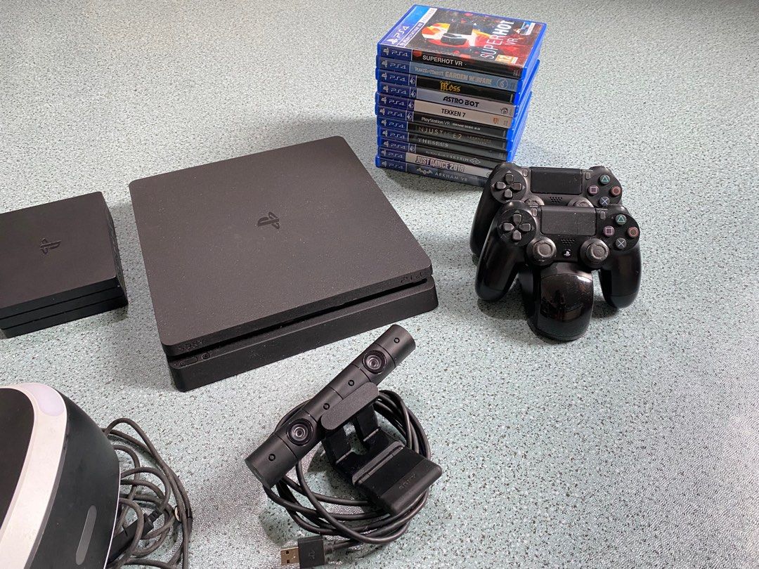 Sony PlayStation 4 VR Bundle with Games (Category: PlayStation) located in Sorsogon. Submitted by m.espedido (Listing ID 1399460669, Image 2). Description: - PlayStation 4 VR bundle - Includes: PS4 console, VR headset, camera, 2 controllers, 2 Move controllers, charging station - Games: Superhot VR, Astro Bot, Skyrim VR, and more! - All cables and accessories included - Ready to play out of the box!.