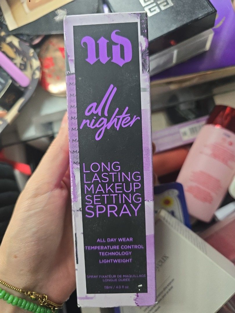 Urban decay all nighter setting spray full size (Category: Makeup) located in Mandaluyong City. Submitted by micaaas (Listing ID 1399463140, Image 1). Description: rfs: decluttering, also switched brands for my setting spray.