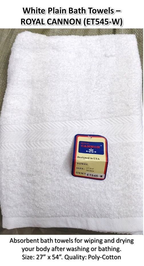 White Plain Bath Towels – ROYAL CANNON (ET545-W) (Category: Bedding & Towels) located in Manila. Submitted by golden888onlineshop (Listing ID 1399517099, Image 1). Description: ✅ White Plain Bath Towels – ROYAL CANNON (ET545-W) Absorbent bath towels for wiping and drying your body after washing or bathing. Size: 27” x 54”. Quality: Poly-Cotton DIRECT MESSAGE FOR ORDERS/ INQUIRIES. Wide Selection of Items to choose from! Giveaways/Souvenirs | Nati