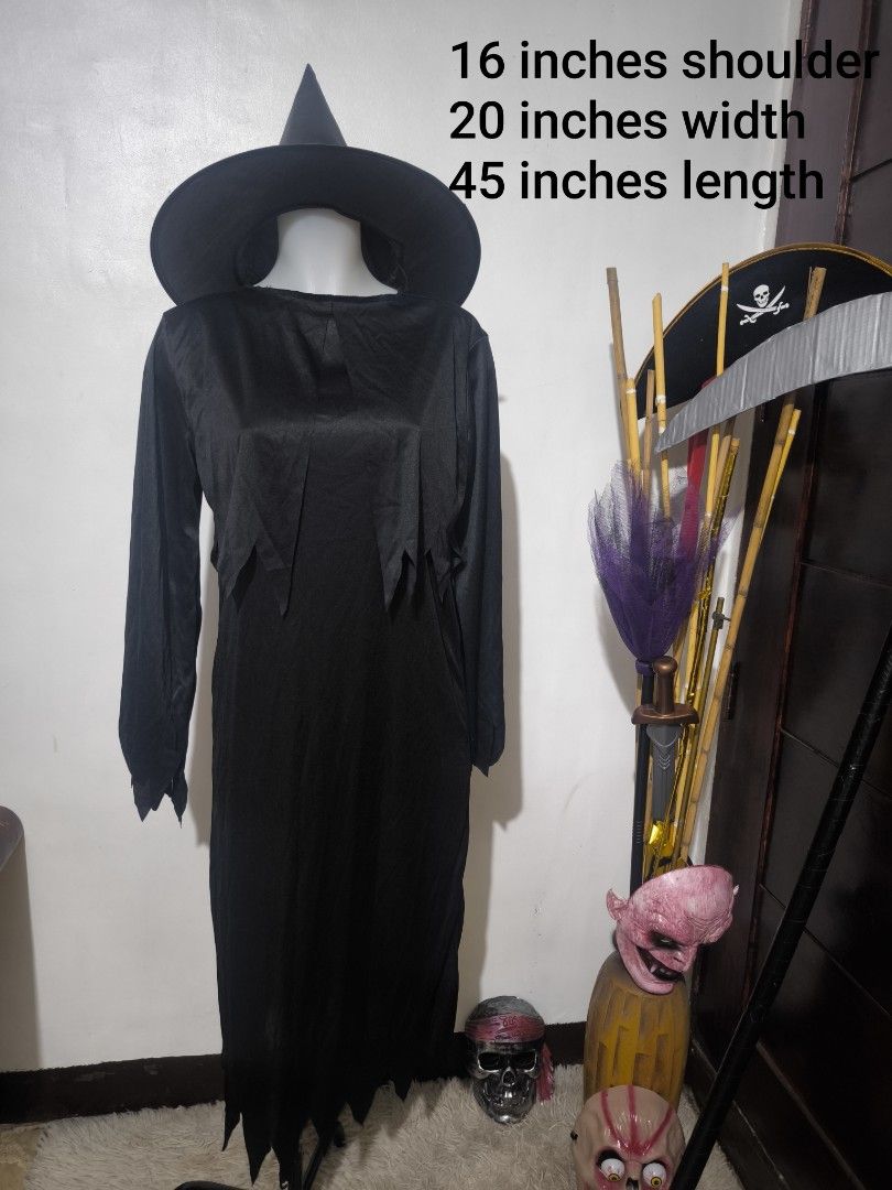 Witch Costume with Hat (Category: Sets or Coordinates) located in Marikina City. Submitted by alecfordy (Listing ID 1399632649, Image 1). Description: - Black witch costume - Includes dress and matching hat - Dress features: - Long sleeves - Jagged hemline - Shoulder width: 16 inches - Width: 20 inches - Length: 45 inches - Perfect for Halloween or costume parties.