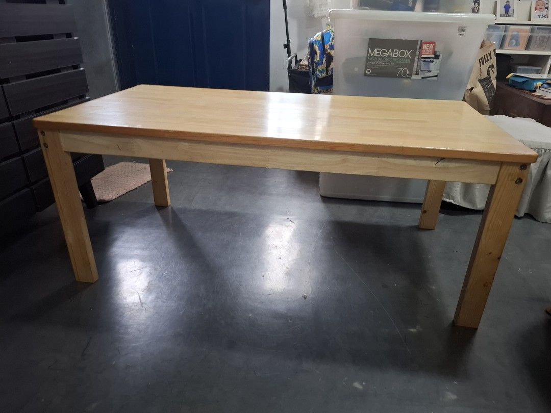 Wooden Study Table for Kids (Category: Tables & Sets) located in Marikina City. Submitted by repleteshop (Listing ID 1399466500, Image 2). Description: - Solid wood table - Rectangular tabletop - Four sturdy legs - Natural wood finish - Suitable for dining or work - Screwed corner construction - 47" x 23.5" x 19.5" 📍Modesta Village, San Mateo, Rizal.