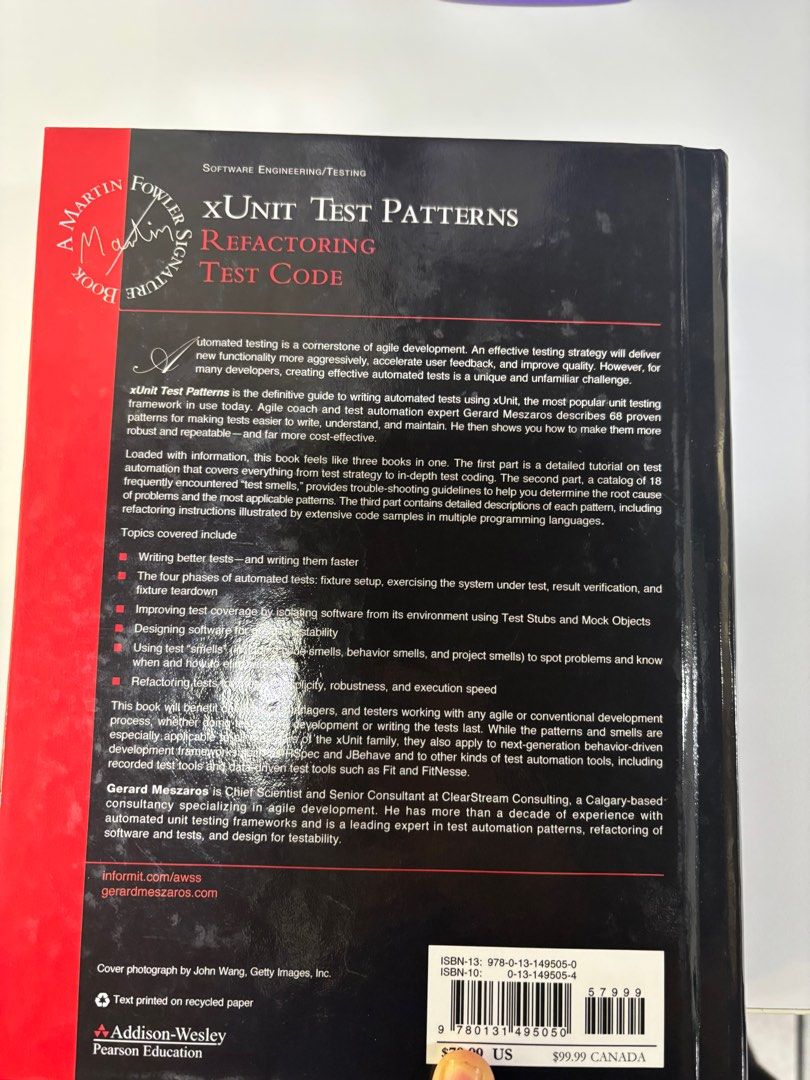 xUnit Test Patterns: Refactoring Test Code (Category: Textbooks) located in Singapore. Submitted by pingguitsme (Listing ID 1399544302, Image 3). Description: - Comprehensive guide to automated testing with xUnit. - Part of the Addison-Wesley Signature Series. - Covers writing better tests, fixture teardown, and refactoring. - Essential resource for developers..