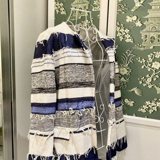 Zara 棉質粗花呢白色藍色條紋外套64243381096961110