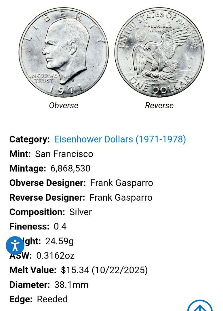 少有1971-s美國銀幣) 1971年美國艾森豪威爾一美元大銀幣s- 三藩市鑄幣廠鑄造接近未流通品相有原轉光(*售價隨國際銀價相應調整),  興趣及遊戲, 收藏品及紀念品, 錢幣-
