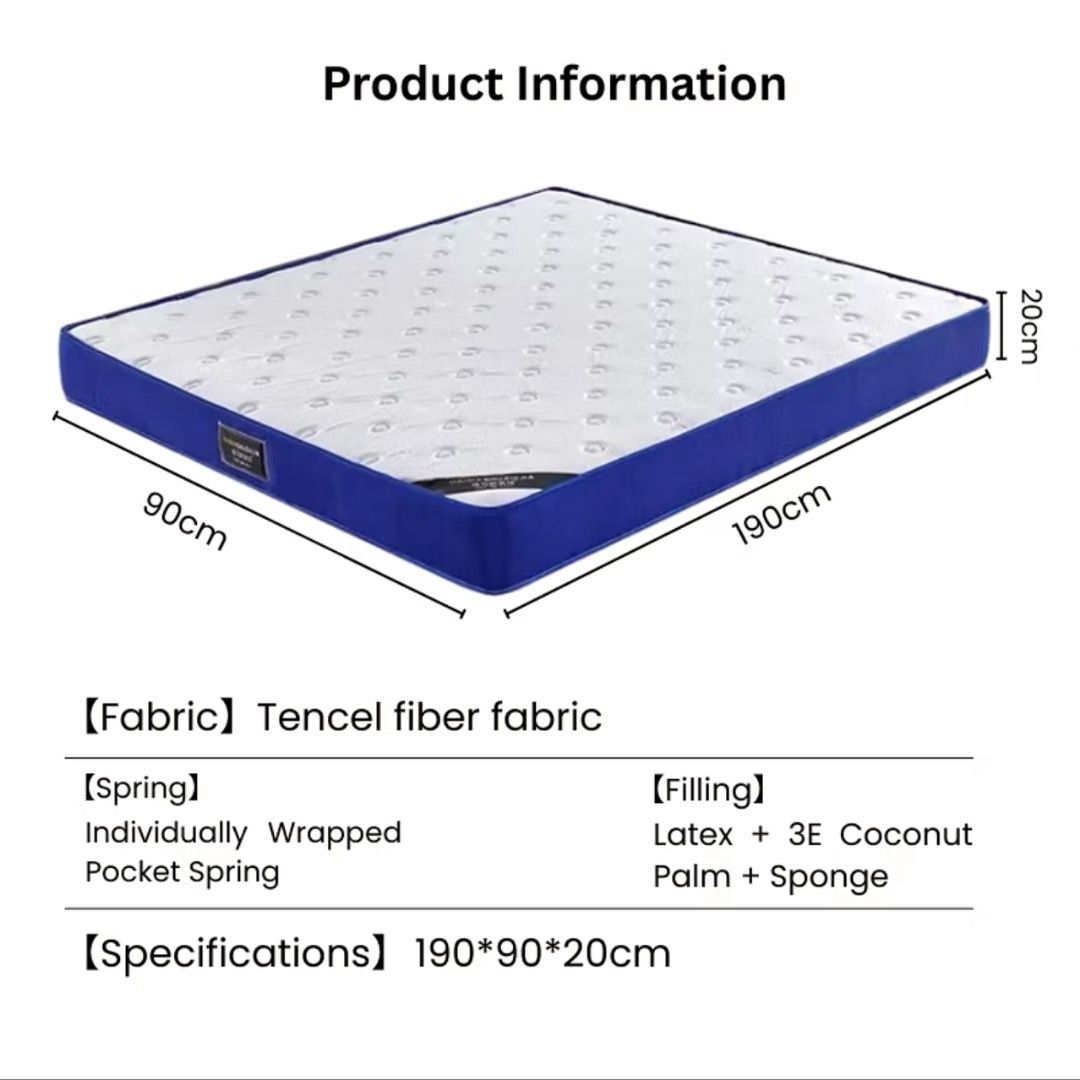 🛏️ Spring Mattress Latex Tencel Fiber Fabric | Independent Pocketed Spring Bed with Natural Latex | Support Comfort Mattress Single/Queen | Ergonomic Latex and Pocket Spring Sleep Mattress | Tencel Fabric Pocket Coil Mattress (Category: Bed Frames & Mattresses) located in Singapore. Submitted by nuveo_sg (Listing ID 1399667488, Image 3). Description: 💰FREE doorstep delivery Dimensions: - Single: L190 x W90 x H20 - Super Single: L190 x W107 x H2
