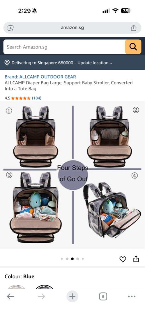 Allcamp diaper backpack (Category: Diaper Bags & Wetbags) located in Singapore. Submitted by vvxlin (Listing ID 1399698658, Image 7). Description: Retailing at Amazon - $92 Very lightly used. No stain, scratches, tear. As good as new. Self collect at 682489. Selling as I have too many diaper bags.
