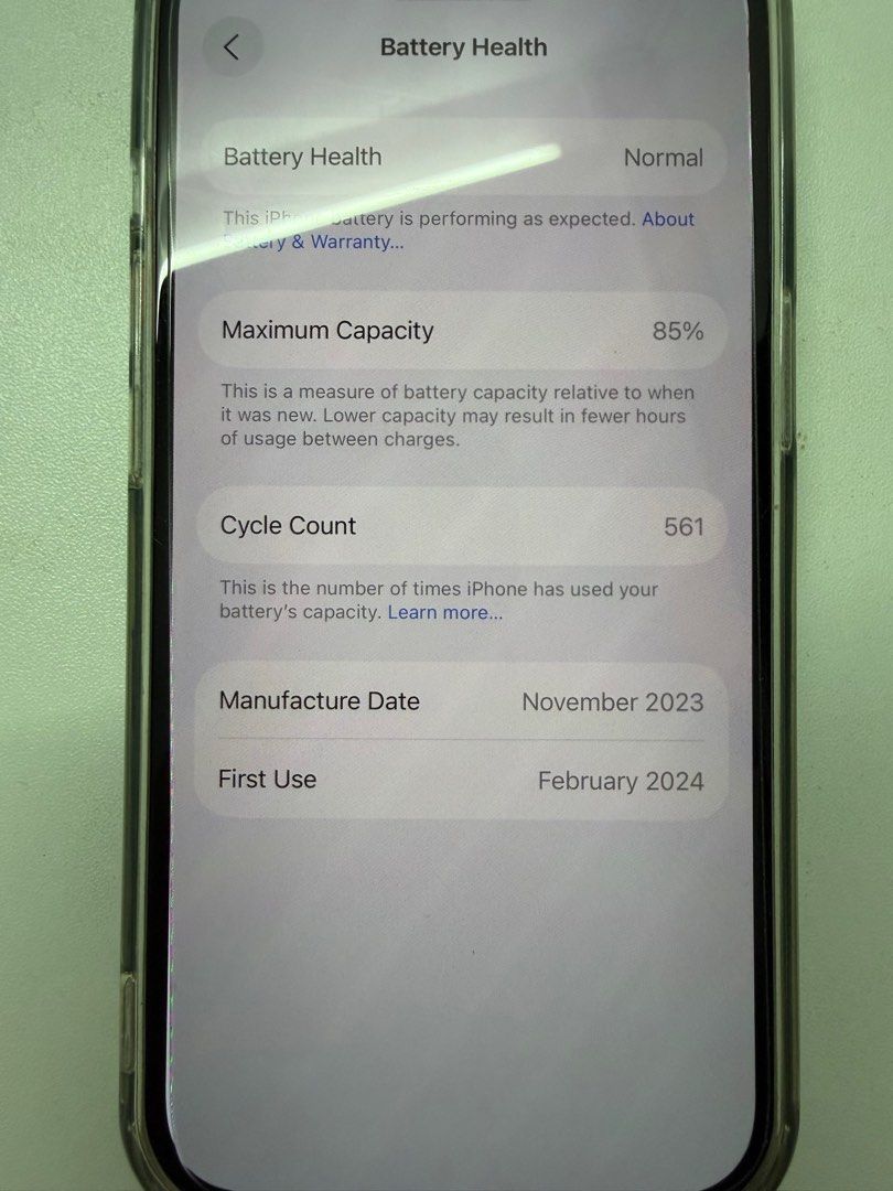 (Category: iPhone 15 Series) located in Singapore. Submitted by moocatmoo (Listing ID 1399776966, Image 3). Description: - iPhone 15 (Blue) - 128GB storage - Battery Health: 85% (561 cycles) - Manufactured: November 2023 - First Used: February 2024 - Includes original box, but no wire inside - no scratch, no dent, no defects - First bought from Harvey Norman Malaysia - will pass you all my screen protector and case - only meet ups.