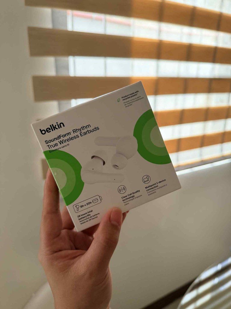 Belkin Soundform Rhythm True Wireless Earbuds (Category: Earphones) located in Tarlac. Submitted by allysar507 (Listing ID 1399756566, Image 1). Description: - Belkin Soundform Rhythm True Wireless Earbuds - Features: - Clear Call Quality Technology - Multipoint 2-device connection - 28 hours total battery life - Includes charging case - Perfect for music and calls.