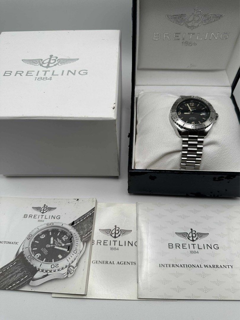 Breitling Shark Black Dial Automatic Men’s Watch (Category: Luxury Watches) located in Manila. Submitted by importgoodiesph (Listing ID 1399779615, Image 2). Description: Breitling Shark Automatic Men’s Watch A17605 - in excellent used condition - rare model - black dial - 42mm case size - automatic movement - stainless steel bracelet - inclusions: watch, complete links, inner and outer box, manual, international warranty card Note: inner box a l