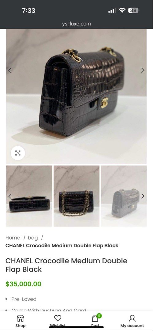 Chanel Crocodile Medium Double Flap Black Bag (Category: Luxury Bags & Wallets) located in Jagna. Submitted by gemts777 (Listing ID 1399809917, Image 3). Description: - Authentic Chanel handbag - Black crocodile leather - Double flap design - Gold-plated chain strap - Iconic CC turn-lock closure - Includes authenticity card and dust bag and box and ribbon.