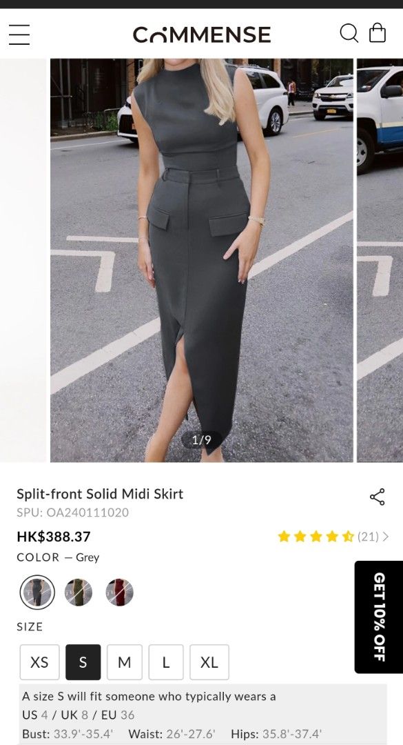 Commense Split-front Solid Midi Skirt （分類：裙）位於 Hong Kong。 由 ghedineace24 提交（商品編號 1399731190，圖片 6）。簡介： Commense midi skirt features a split-front design and a solid grey color. It has a high-waisted fit with a tailored silhouette, including front pockets. The size chart indicates various measurements for different sizes. BRAND NEW RFS. Size doesn't fit.。
