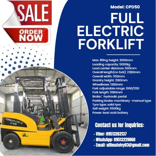 Full Electric Forklift Loading capacity: 5000kg (Category: Everything Else Others) located in Caloocan City. Submitted by lyracrimso54467 (Listing ID 1399729228, Image 1). Description: PHP 2,610,000 Updated Price Model: CPD50 Max. lifting height: 3000mm Loading capacity: 5000kg Load center distance: 500mm Overall length(no fork): 2380mm Overall width: 1150mm Grantry height: 2180mm Wheelbase: 1380mm Fork adjustable range: 1060/250 Fork length: 108