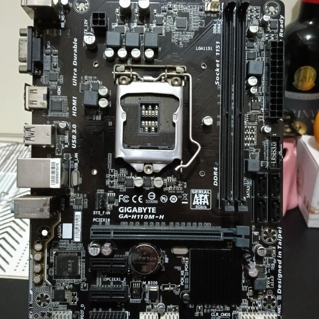 GIGABYTE GA-H110M-H (Category: Computer Parts) located in Manila. Submitted by alvin9ers (Listing ID 1399772850, Image 1). Description: Form Factor & Chipset Micro‑ATX (22.6 cm × 17.4 cm) Intel H110 Express chipset --- CPU Support Socket: LGA 1151 (“Socket H4”) Supports 6th Generation Intel Core processors and 7th Generation (with BIOS update)‑ i3/i5/i7, Pentium, Celeron in the LGA1151 package --- Memory (RAM) 2 × DDR4 DIMM slots (dual channel) M