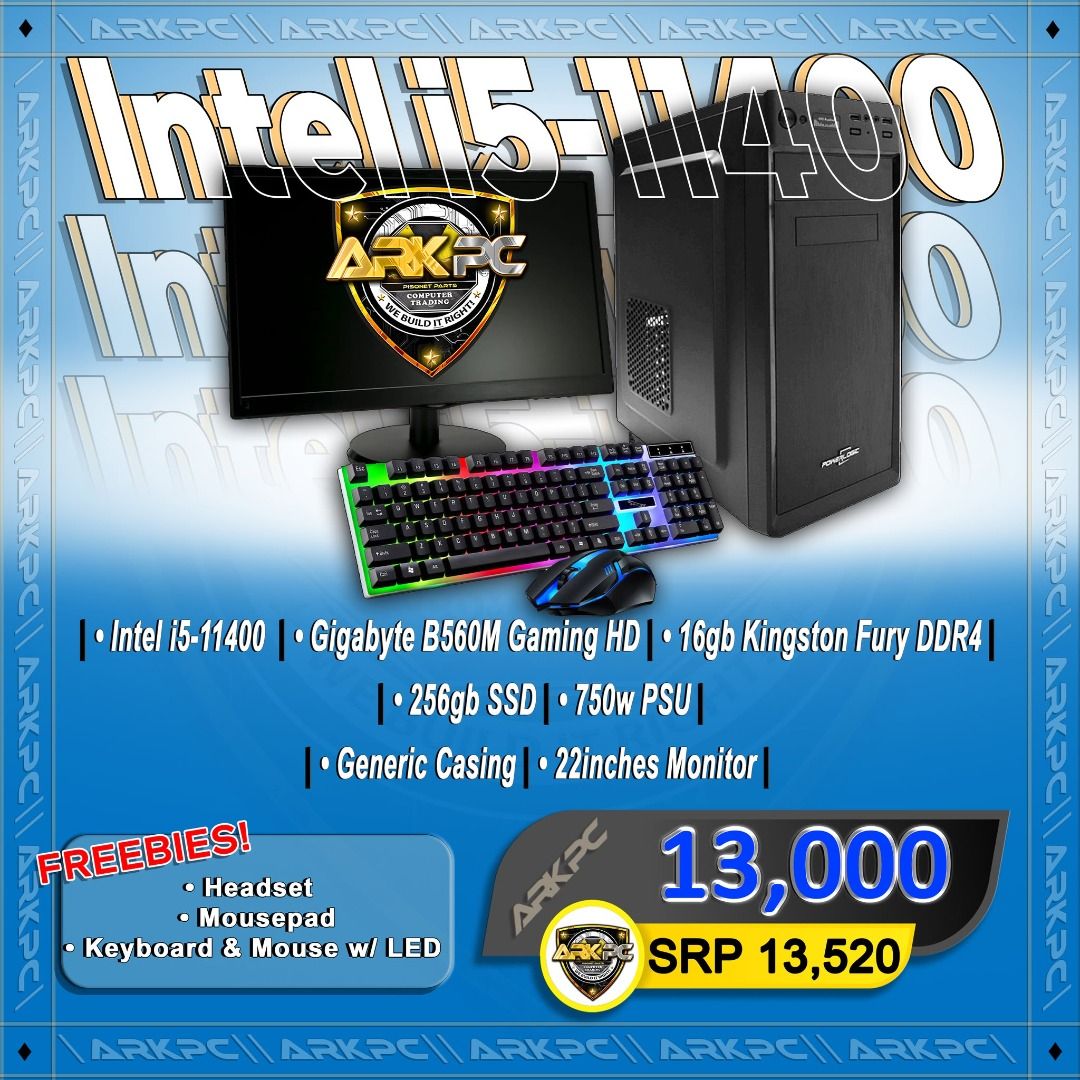 Intel i5-11400 Gaming PC (Category: Desktops) located in Quezon City. Submitted by corrinejil63041 (Listing ID 1399745321, Image 1). Description: -Intel i5 11th Gen PC SET ON Sale! • Slightly used, computer package! Parang brand new pa! Sariwang sariwa mga boss! 😂 -Intel i5-11400 Processor -Gigabyte/Msi/Asrock B560M MoBo -16gb Kingston Fury DDR4 RAM -240gb Solid State Drive -750w Power Logic PSU -Generic Casing -22inches LED Monitor -G21 Keyboar